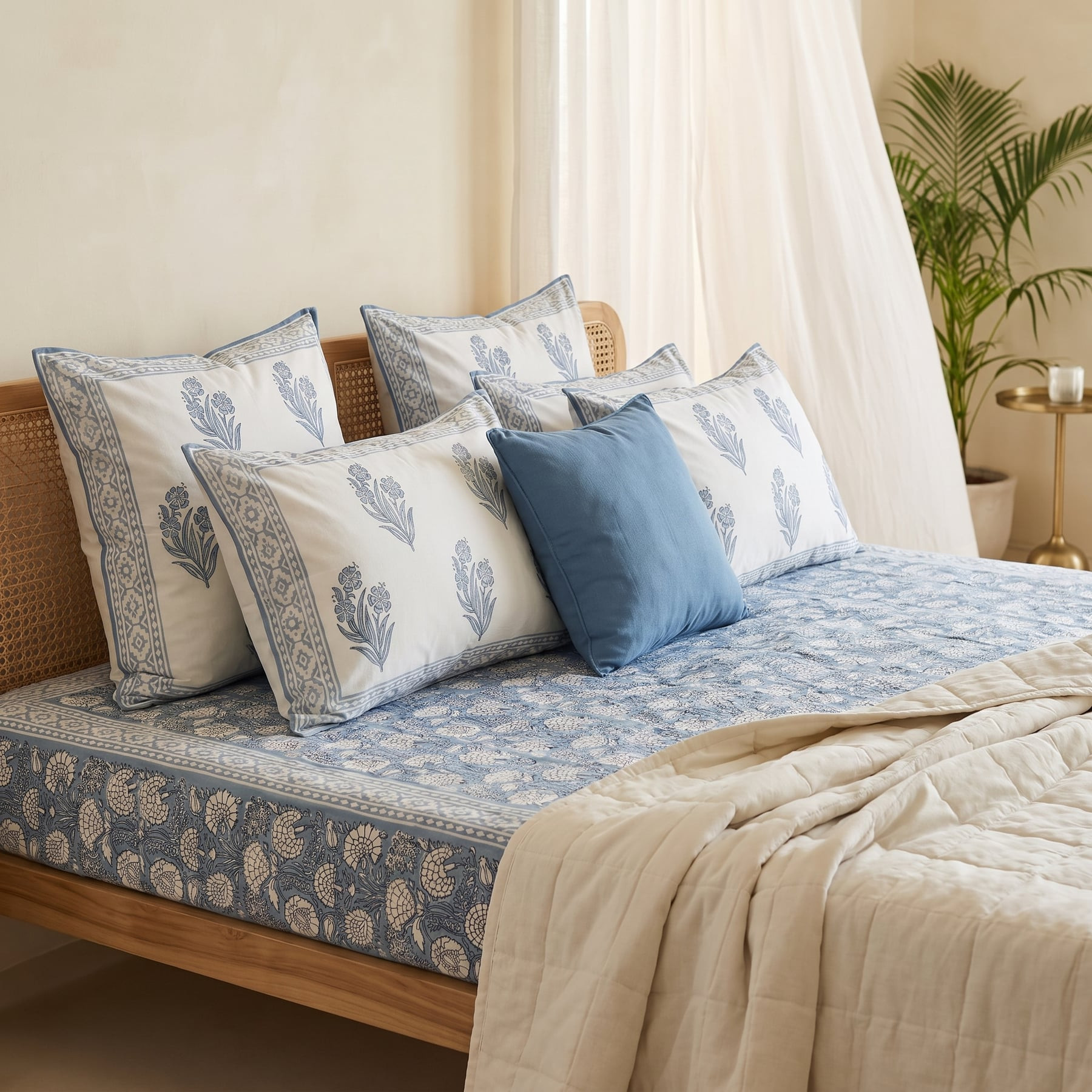 Nakkashi Handblock Printed Cotton Percale Bedsheet with 2 Cotton Pillow Covers