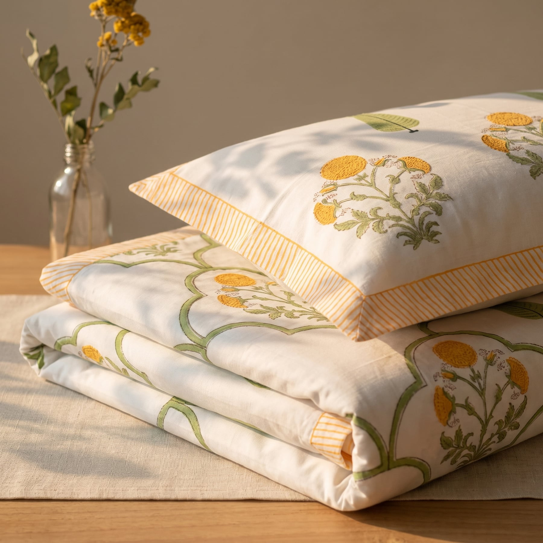 Bani Thani Handblock Printed Cotton Percale Bedsheet with 2 Cotton Pillow Covers