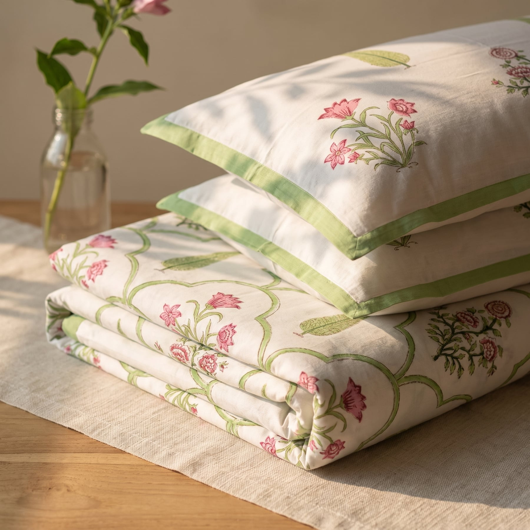 Baradari Handblock Printed Cotton Percale Bedsheet with 2 Cotton Pillow Covers