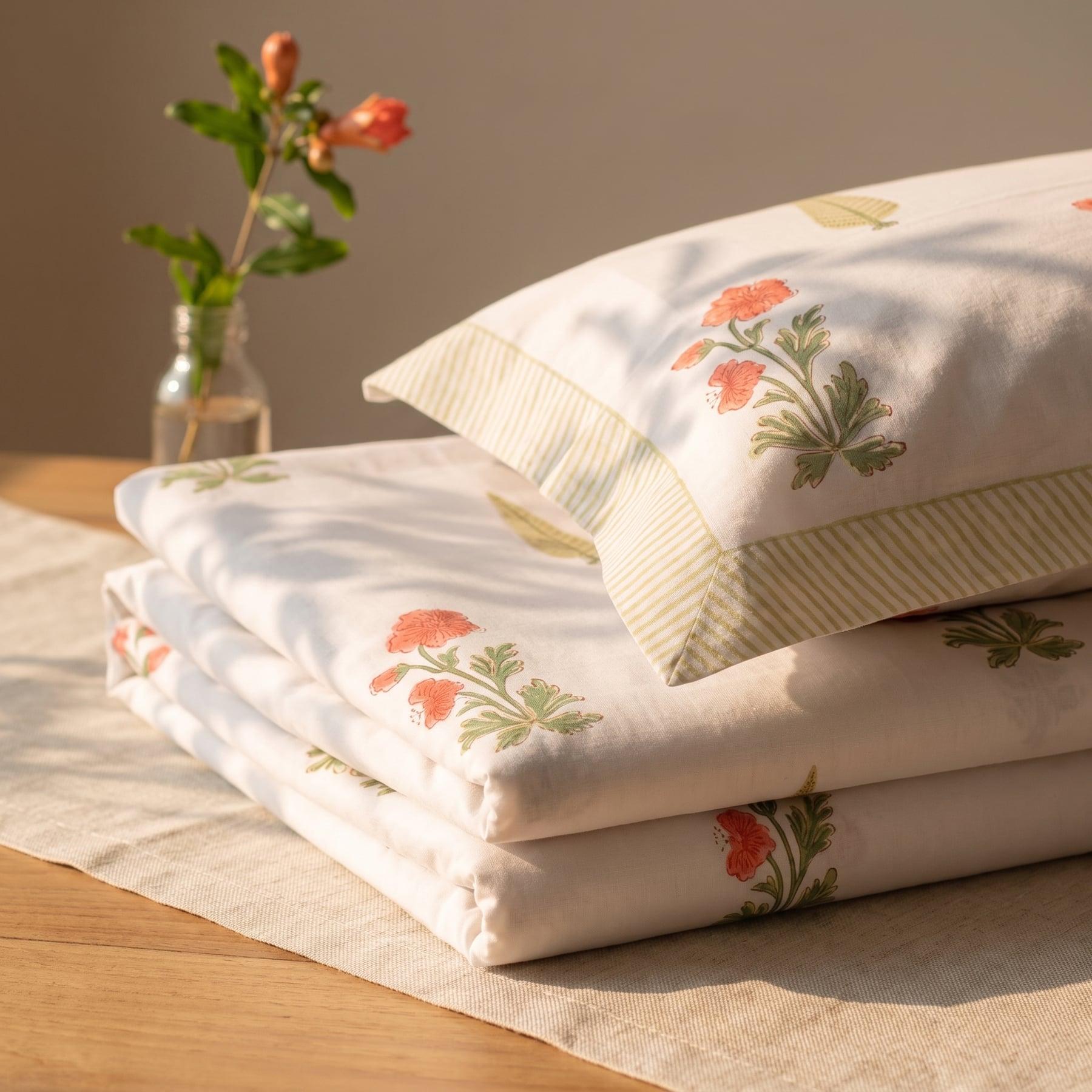Chaupar Handblock Printed Cotton Percale Bedsheet with 2 Cotton Pillow Covers