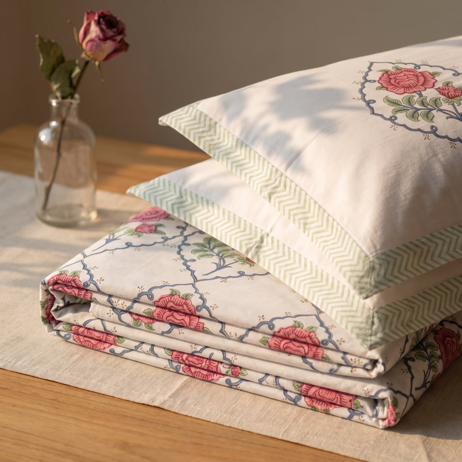 Chhapa Handblock Printed Cotton Percale Bedsheet with 2 Cotton Pillow Covers