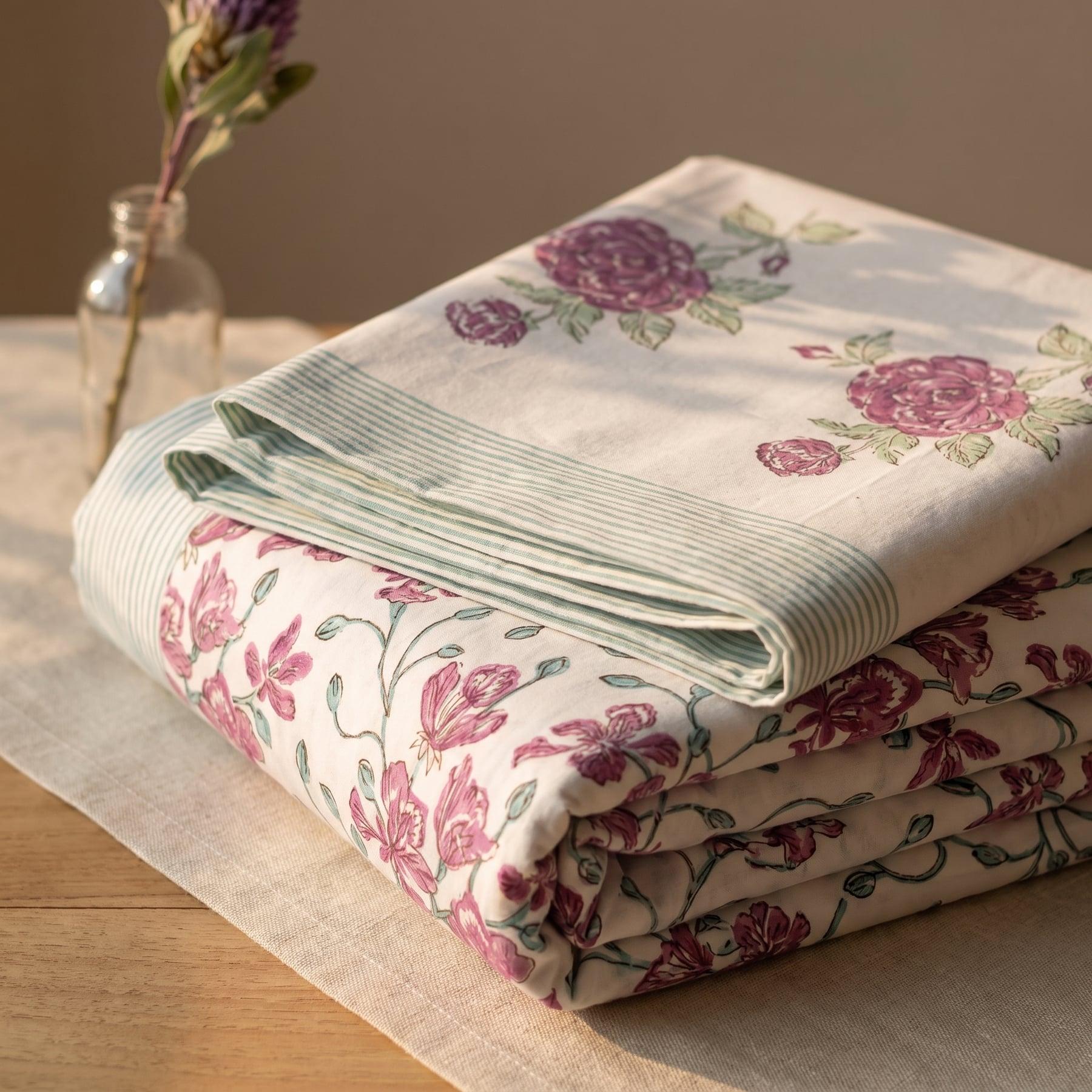 Dhora Handblock Printed Cotton Percale Bedsheet with 2 Cotton Pillow Covers