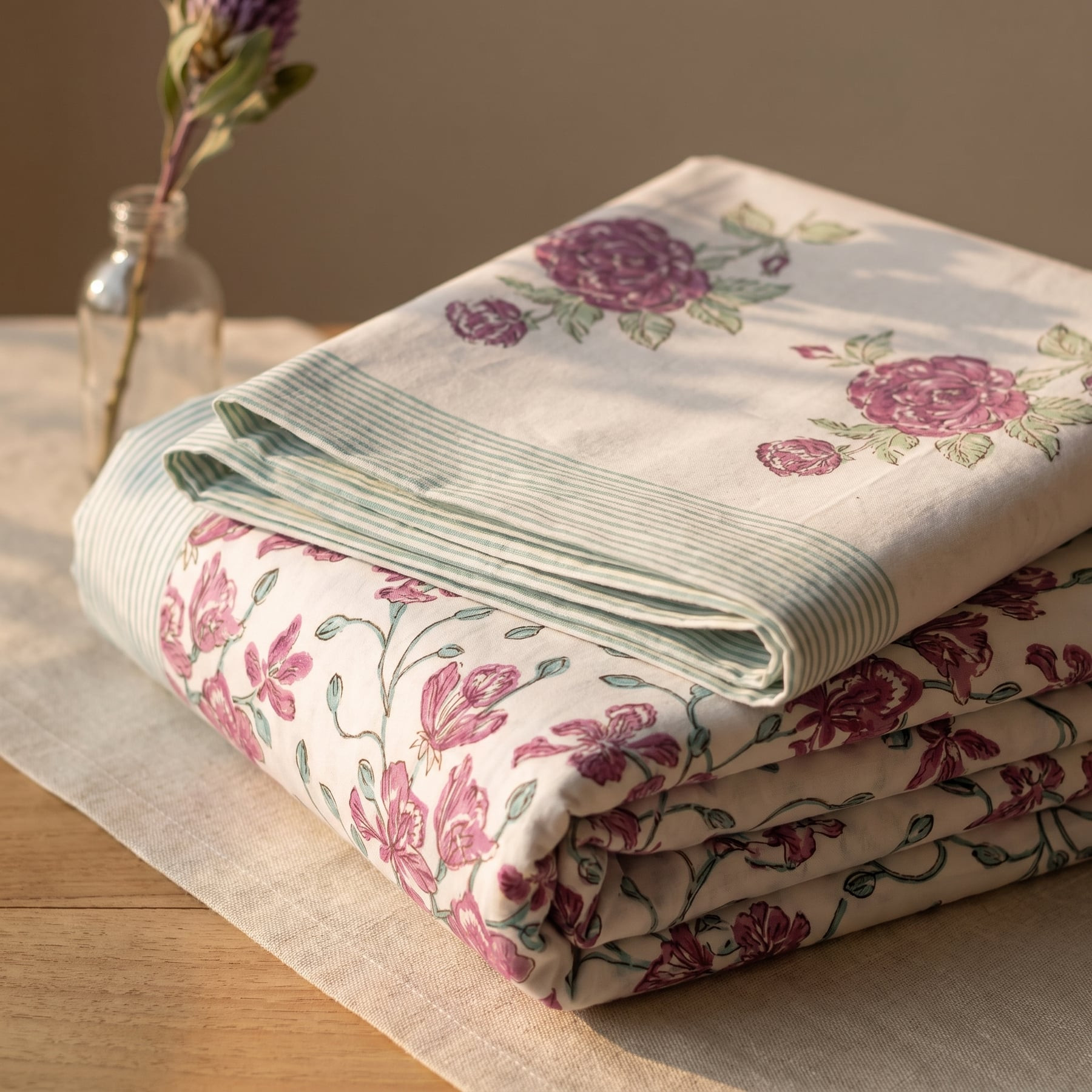 Dhora Handblock Printed Cotton Percale Bedsheet with 2 Cotton Pillow Covers