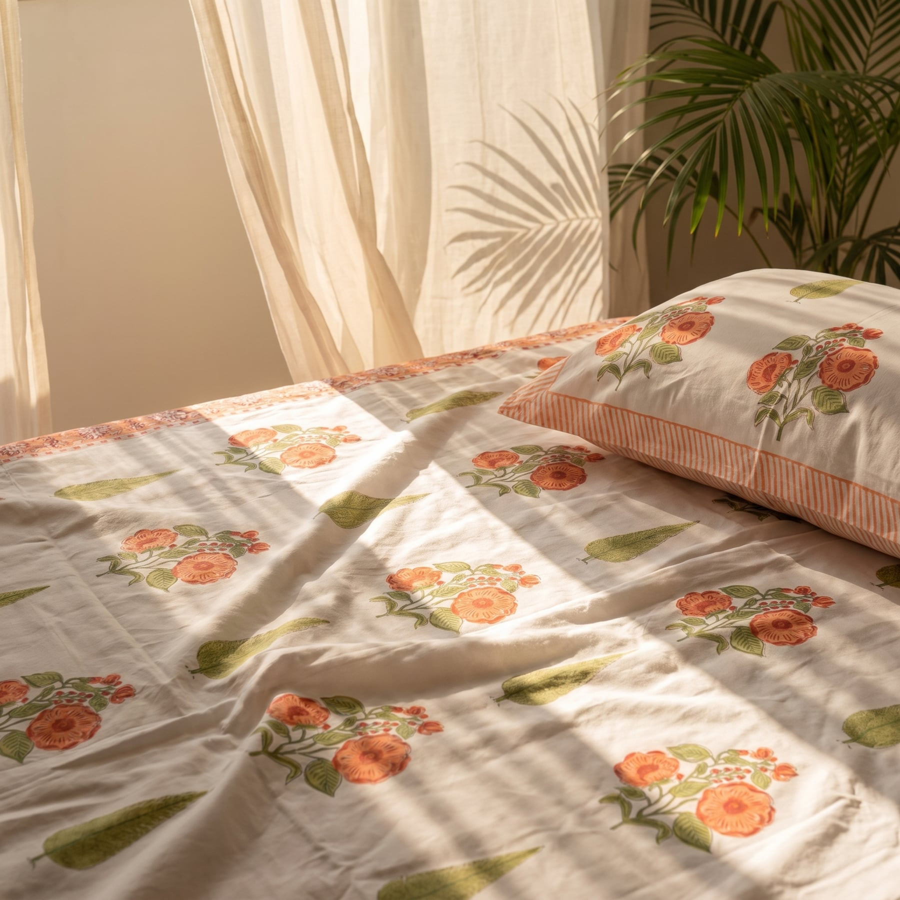 Gorband Handblock Printed Cotton Percale Bedsheet with 2 Cotton Pillow Covers