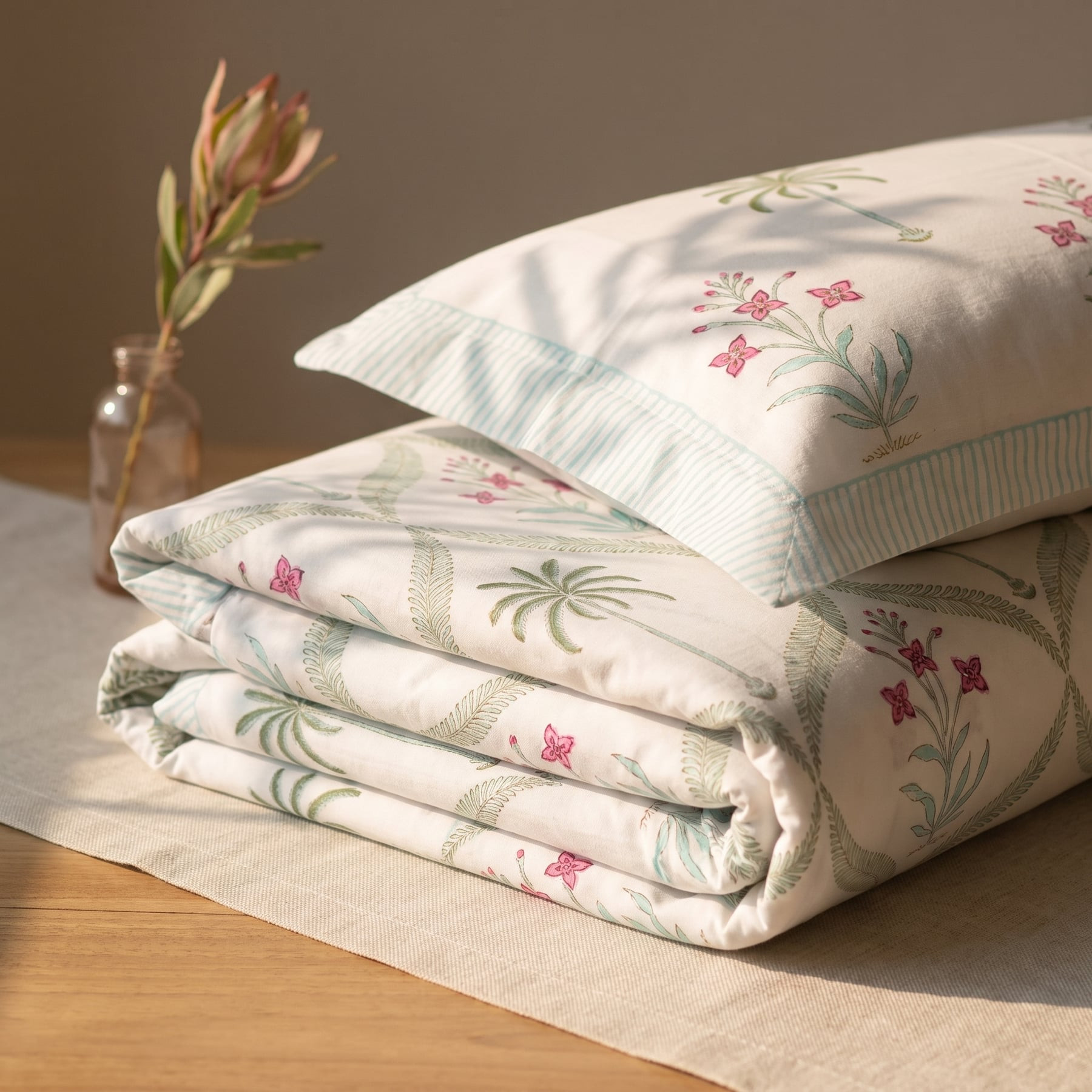 Jal Mahal Handblock Printed Cotton Percale Bedsheet with 2 Cotton Pillow Covers