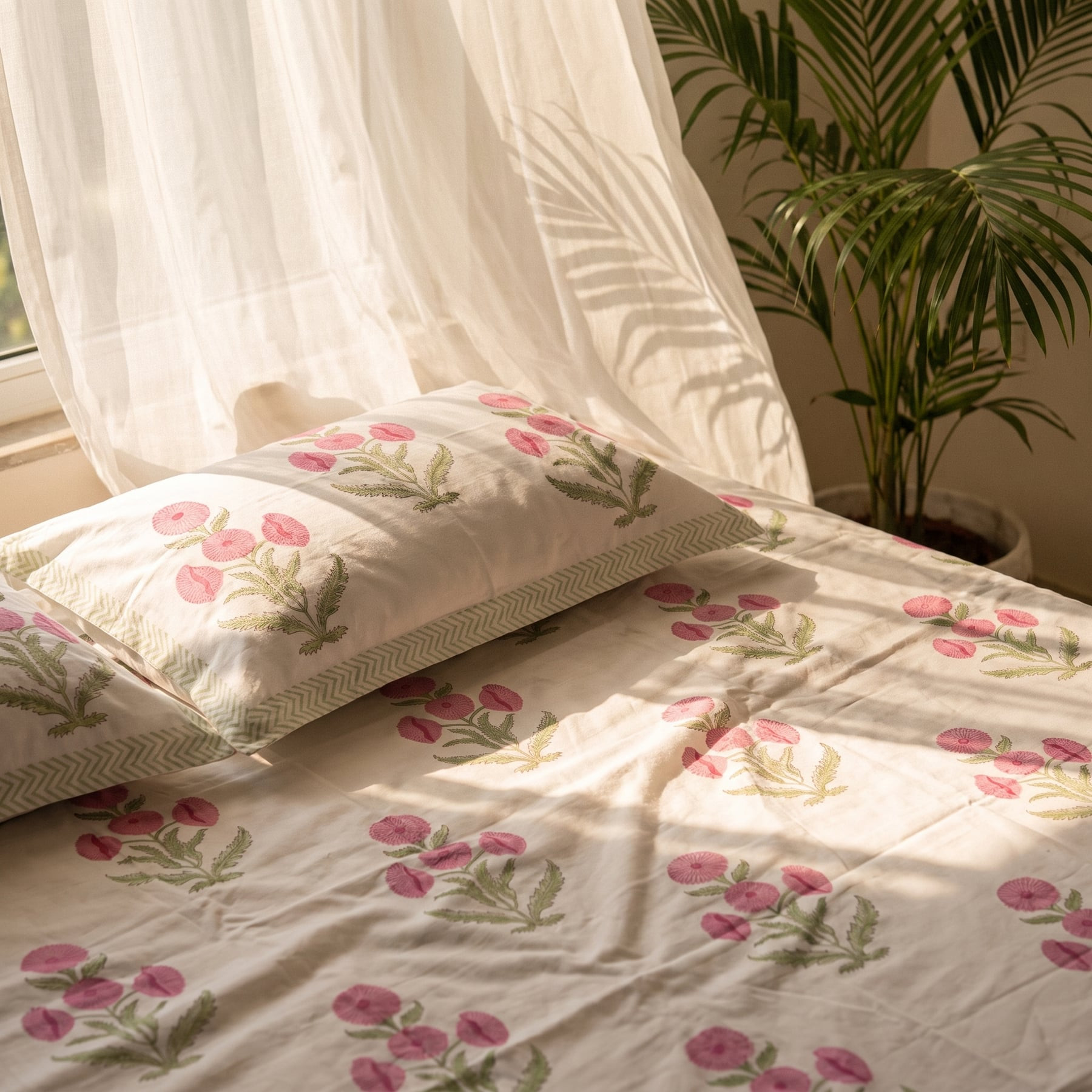 Kathputli Handblock Printed Cotton Percale Bedsheet with 2 Cotton Pillow Covers