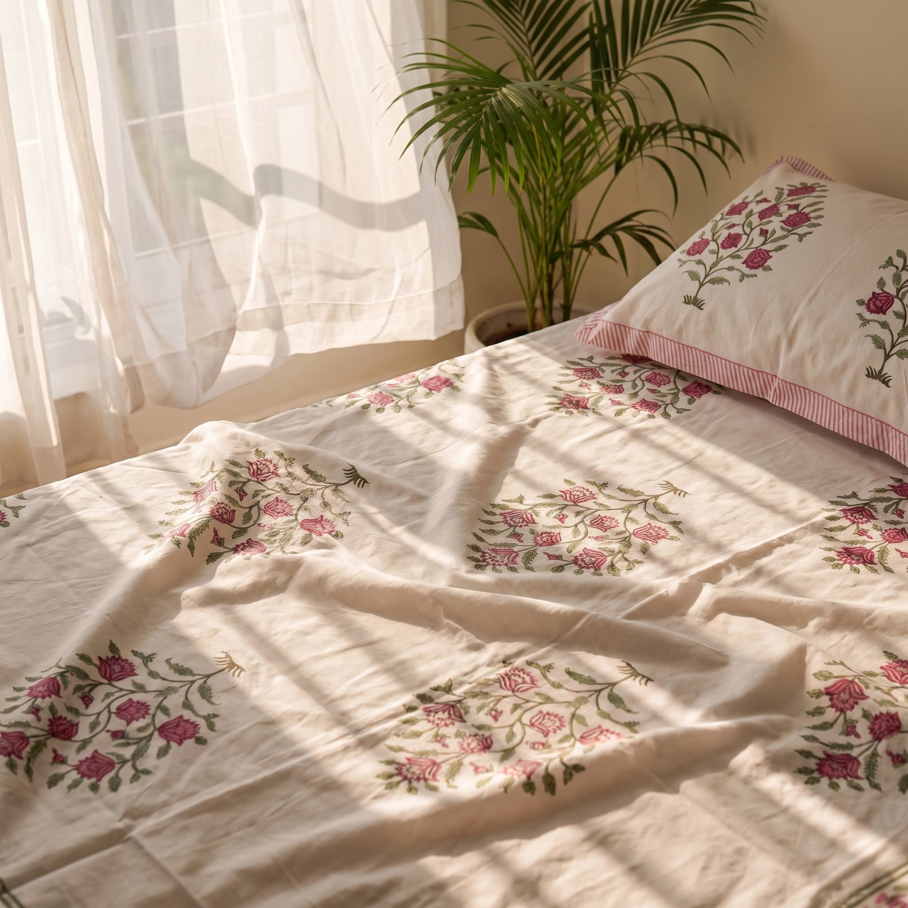 Mandana Handblock Printed Cotton Percale Bedsheet with 2 Cotton Pillow Covers