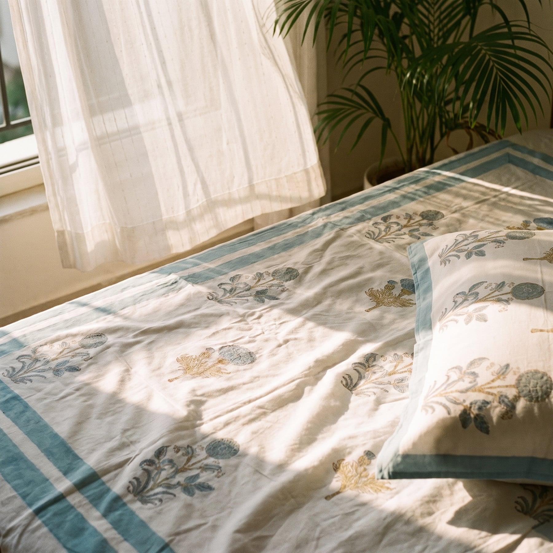 Marudhara Handblock Printed Cotton Percale Bedsheet with 2 Cotton Pillow Covers