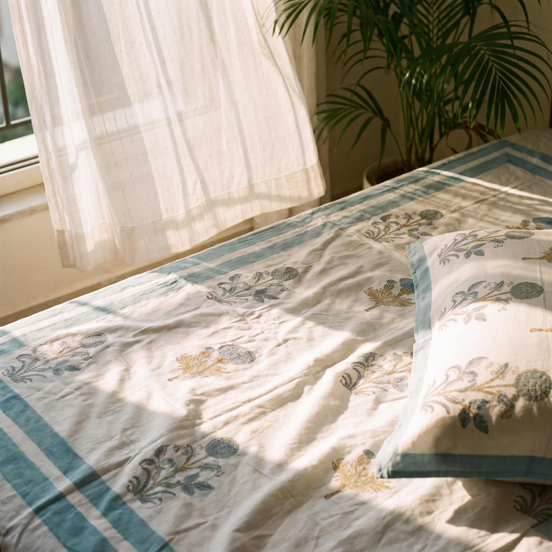 Marudhara Handblock Printed Cotton Percale Bedsheet with 2 Cotton Pillow Covers
